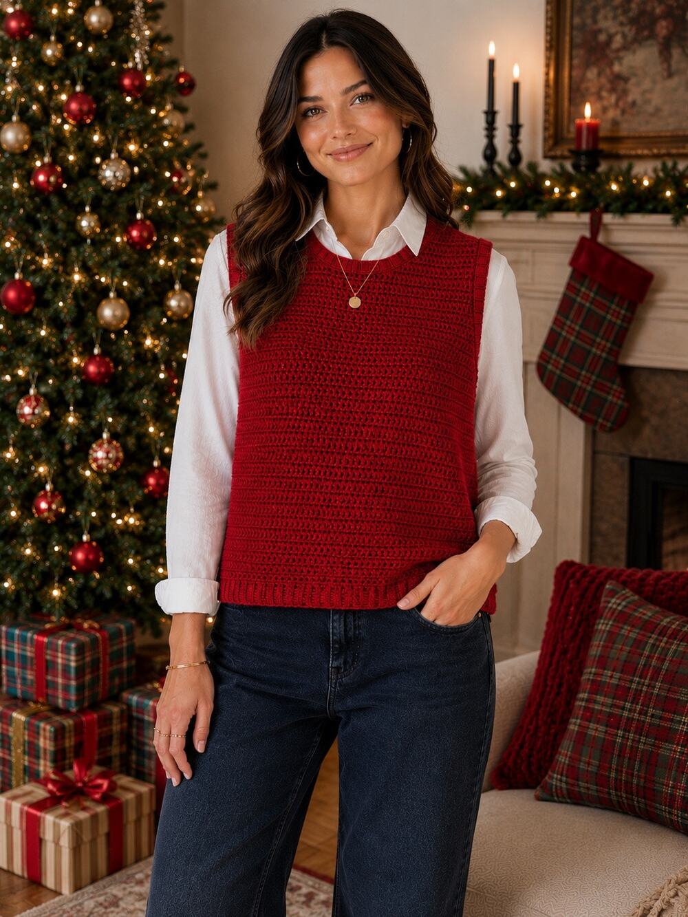 Crazy Horse Liz Claiborne Red Knit Sweater Tank Top Christmas Grandmacore Size M
